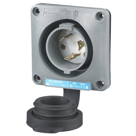 Locking Devices, Twist-Lock®, Watertight Safety-Shroud® Flanged Inlet, 30A, 250V AC, 2 Pole, 3 Wire Grounding, NEMA L6-30P Valox® Housing And Flange